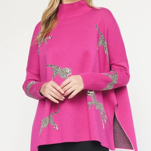 NWT Entro Primal Print Mock Neck Sweater Chunky Hot Pink Size Large L NEW - Picture 1 of 12